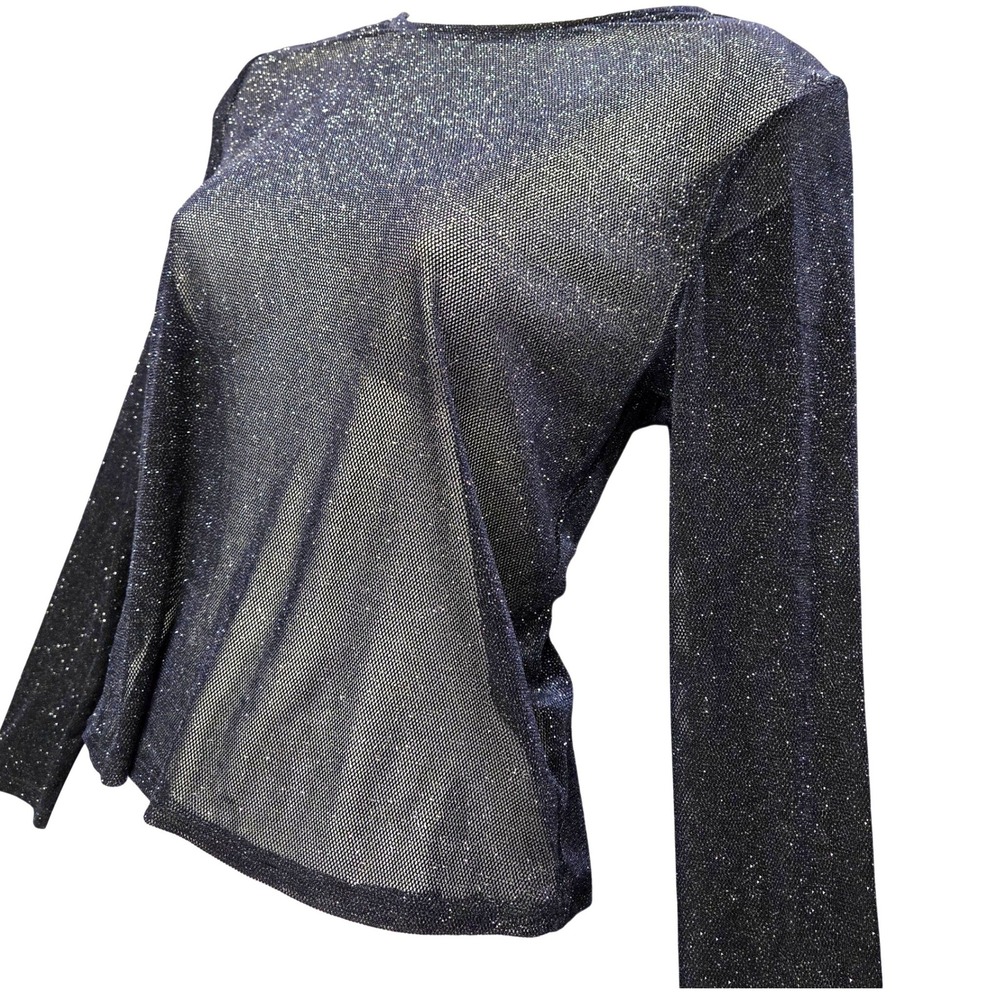 Express Y2K Mesh Top XS Navy‎ Blue Metallic Shimmer Sheer Long Sleeve Sparkle